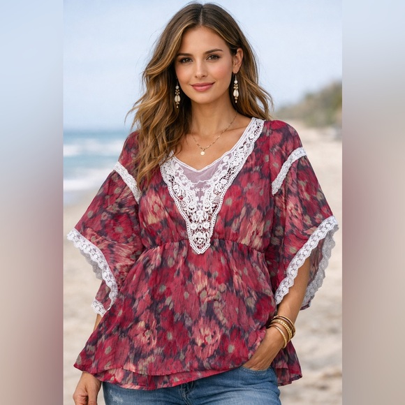 Free People Tops - Free People Raspberry Print Lace-Trim Beach Tunic